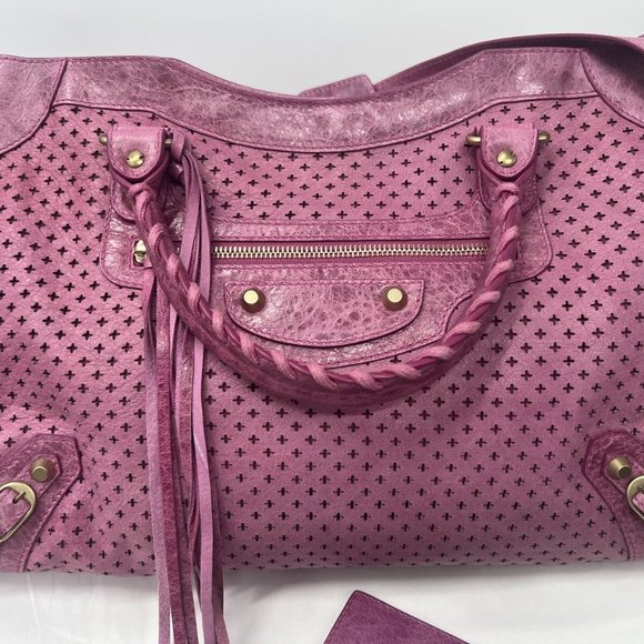 BALENCIAGA Purple Pink Perforated Fuchsia Leather GIANT GOLD HW MINI CITY BAG - Picture 2 of 15